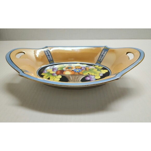 Antique Noritake Morimura Handpainted Made in Japan Luster Dish 2-Handles Fruits - Picture 3 of 11
